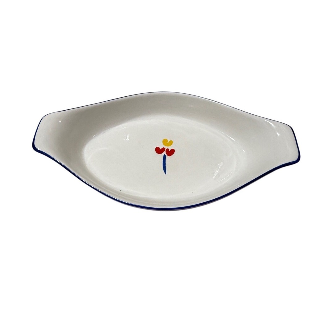 Riva Designs Tulips Oval Au Gratin Baker Dish White Blue Trim Japan Stoneware